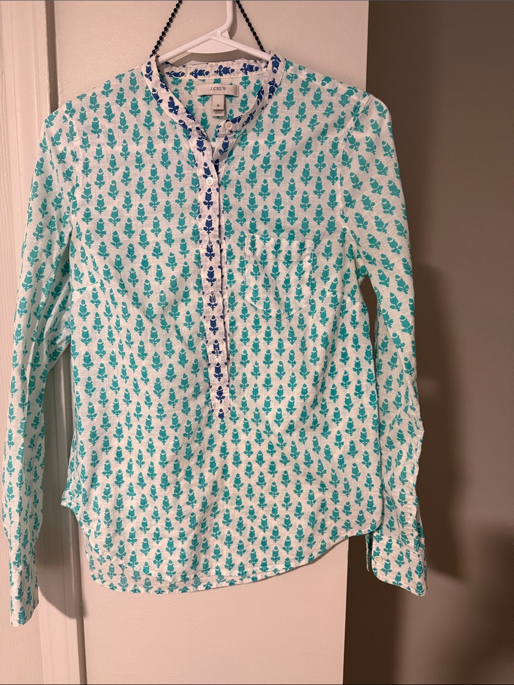 J. Crew White Button-Front Shirt with Teal Allover Print and Blue Trim